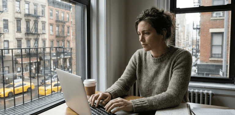 working writer in nyc at her laptop