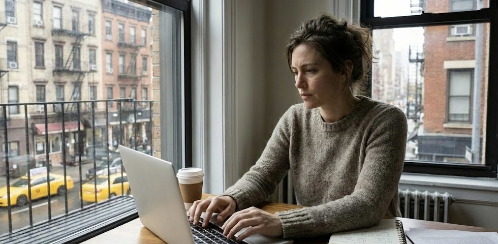 working writer in nyc at her laptop