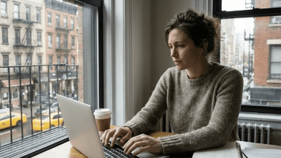 working writer in nyc at her laptop