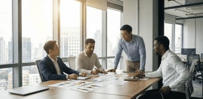 four professionals debating content placement in a wework style corner office