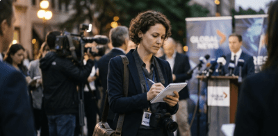 journalist working and covering a press conference