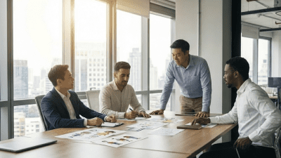 four professionals debating content placement in a wework style corner office