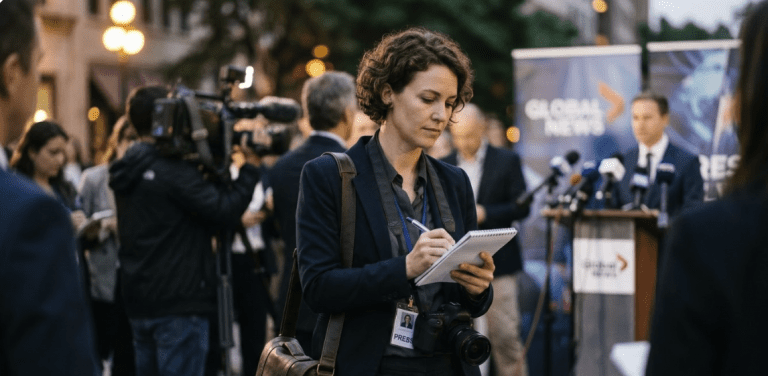 journalist working and covering a press conference